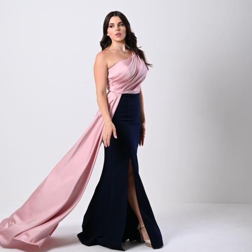 فستان سهرة بكتف واحد بلون وردي واسود