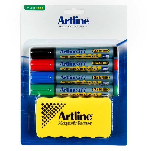 طقم أقلام سبورة 4 لون مع مساحة - ARTLINE