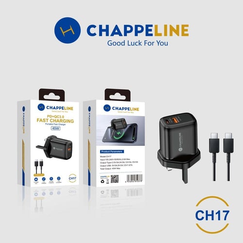 شاحن جداري CHAPPELINE بقوة 45 واط - منفذين PD و QC...