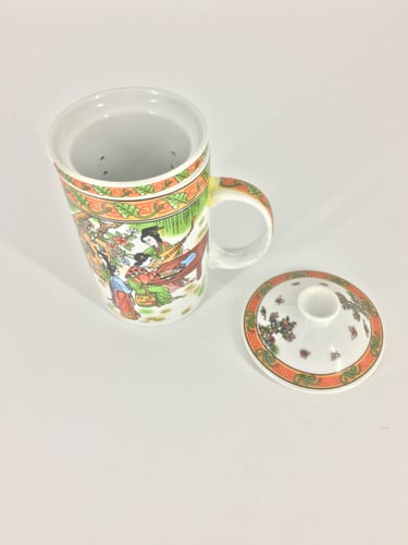 كوب شاي مكون من 4 قطع مزخرف بصور الثقافه الاسيويه