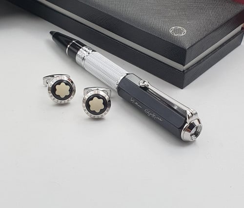 قلم وكبك مونت بلانك شكسبير اسود فضي