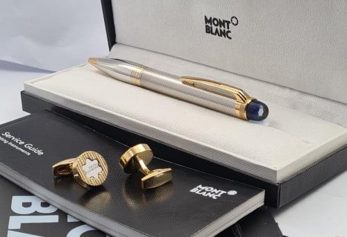 قلم وكبك مونت بلانك فضي ذهبي