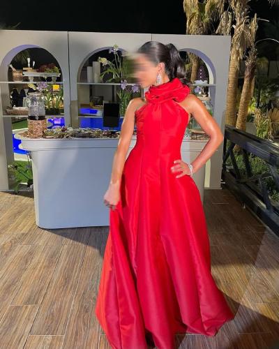 فستان سهرة أحمر أنيق من قماش ميكادو لمّاع - تصميم...