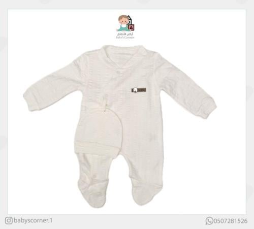 طقم افرول مواليد تركي مع قبعة قطن ١٠٠٪ باقدام مغلق...