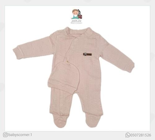 طقم افرول مواليد تركي مع قبعة قطن ١٠٠٪ باقدام مغلق...