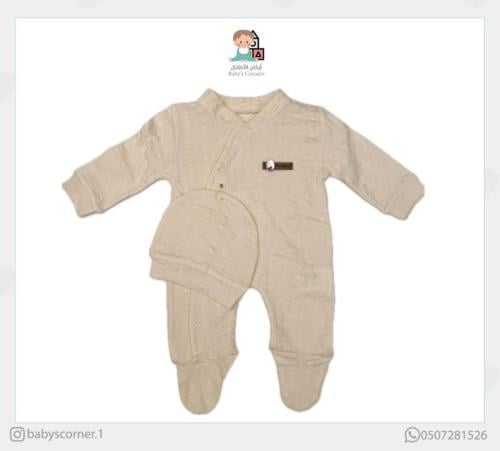 طقم افرول مواليد تركي مع قبعة قطن ١٠٠٪ باقدام مغلق...