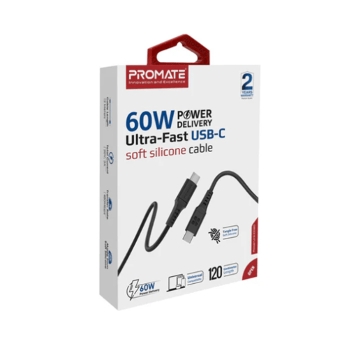 كيبل ربر اسود طرفين تايب سي PROMATE 1.2M 60W