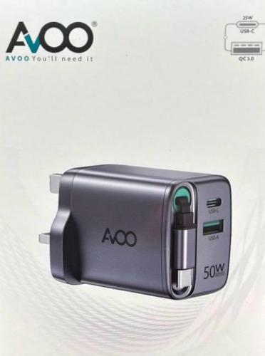 فيش شاحن بسلك مدمج AVOO TYP-C&USB-50W