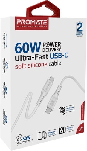 كيبل ابيض طرفين تايب سي ربر PROMATE 1.2M 60W