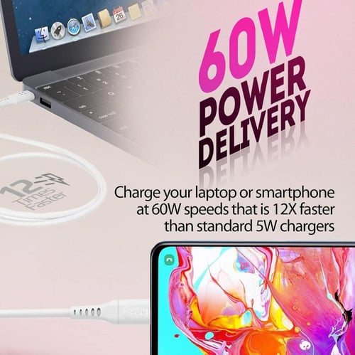 كيبل ابيض طرفين تايب سي ربر PROMATE 1.2M 60W