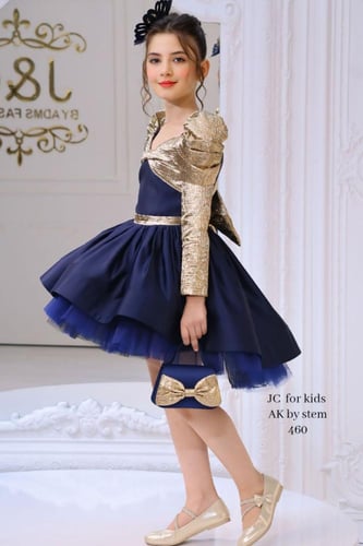 فستان كحلي وذهبي + اكسسوار شعر + شنطه