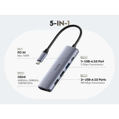 كودي - محول تايب سي 5 في 1 - رمادي