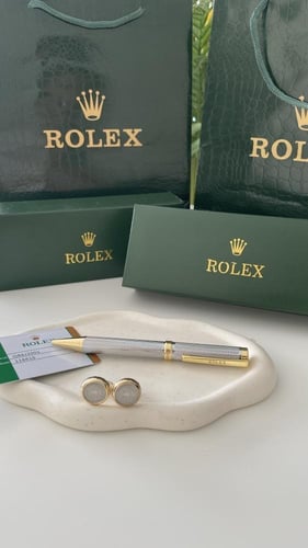 قلم وكبك رولكس ذهبي مع فضي مع الملحقات
