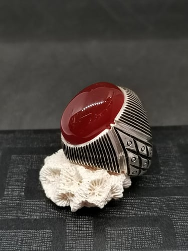 خاتم الفضة بحجر عقيق خرساني ايراني أحمر بصياغة الأ...