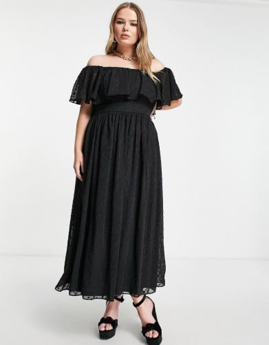 فستان ميدي باللون الاسود واكتاف مكشوفة