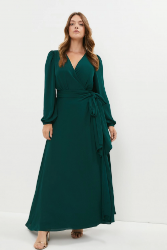 فستان أخضر ماكسي بتصميم لف بحزام من كويت فاشن