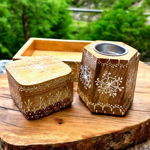 طقم مبخرة خشبية هندية مزخرفة