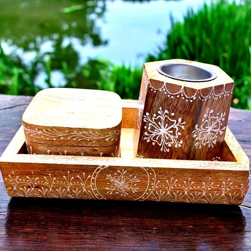 طقم مبخرة خشبية هندية مزخرفة