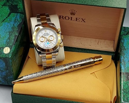 ساعة رولكس معا قلم كارتير درجه اولى معا علبه وكيس...