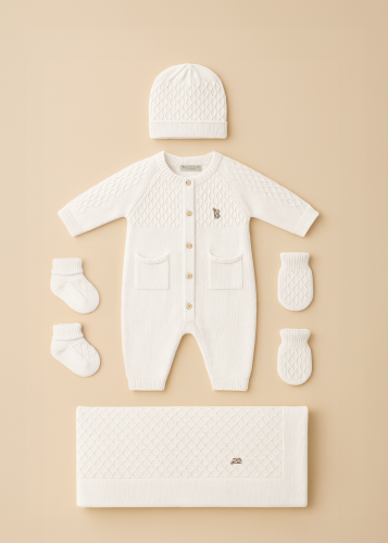 طقم مواليد فاخر بلون اوف وايت