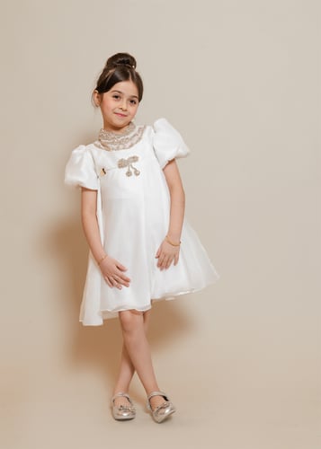فستان بناتي رسمي أنيق - أوف وايت مزين باللؤلؤ والك...
