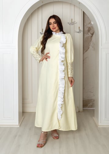 فستان ليموني راقي من اللينن والبليسيه مميز بلمسات...