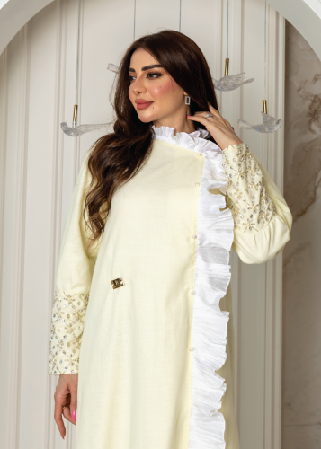 فستان ليموني راقي من اللينن والبليسيه مميز بلمسات...