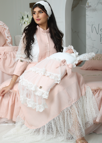 طقم فستان استقبال لحمي مميز بغطاء للأطفال بناتي