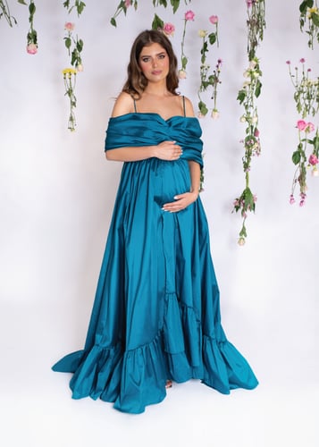 فستان سهره تركواز اوف شولدر بقصه مميزه