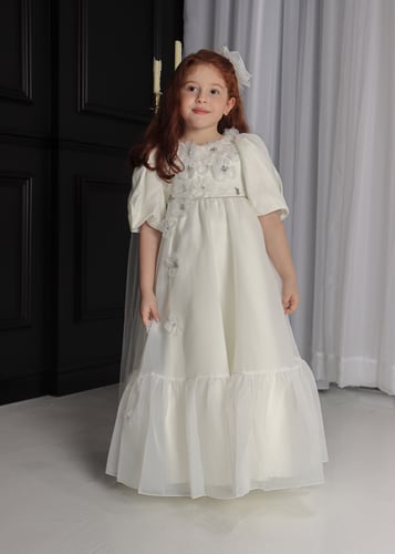 فستان بناتي بتصميم فرنسي فخم مميز بأضافة الورود ال...