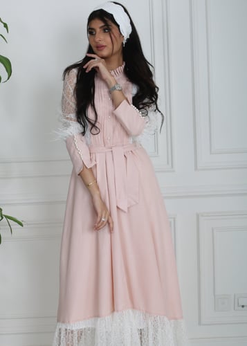 طقم فستان استقبال لحمي مميز بغطاء للأطفال بناتي