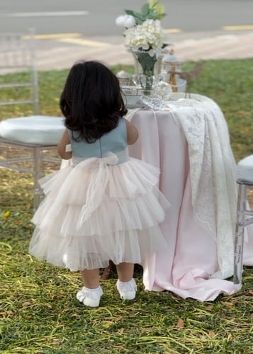 فستان بناتي مميز بطبقات من التل والورود جميل للمنا...
