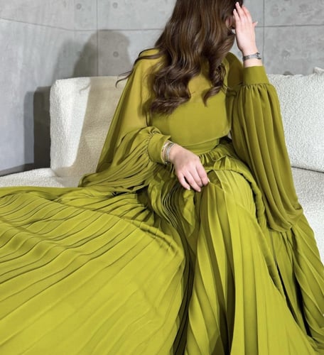 فستان زيتي انيق كرنكر خامة