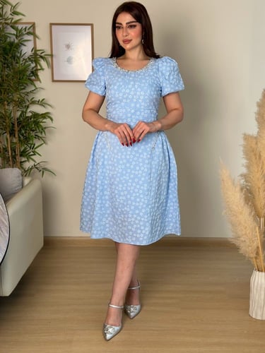 فستان تفته جاكار لون سماوي