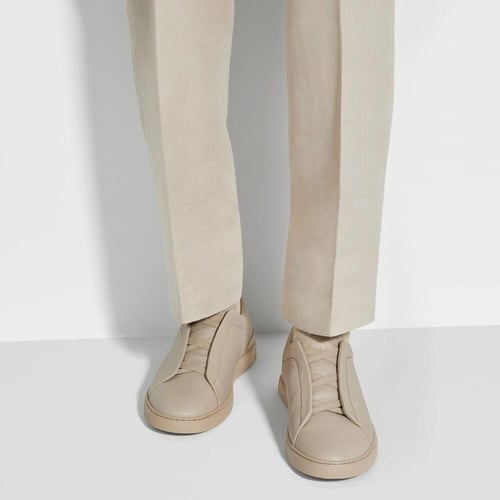 Zegna Beige Deerskin Triple Stitch Sneakers