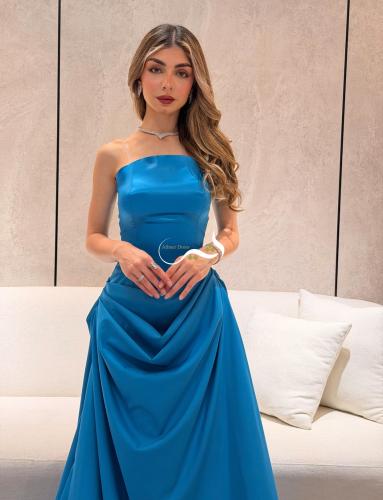 فستان سهرة طويل أزرق كلوش تفته دراماتيكي بكتف واحد...