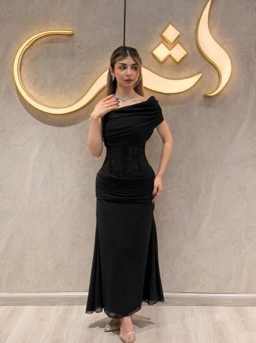 فستان سهرة اسود شيفون وشبك لامع بكتف واحد | فستان...