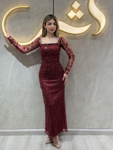 فستان ساميه | تطريز كرستال راقي وخرز على تول