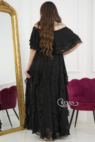 فستان ناعم شيفون ستايل اوشولدر مزين بكرانيش