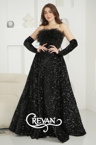 فستان ترتر توب ريش النعامة اكمام مفصولة