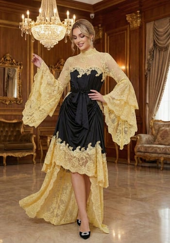 فستان عيد ميدي ايطالي مع ذيل دانتيل وتفاصيل أنيقة...