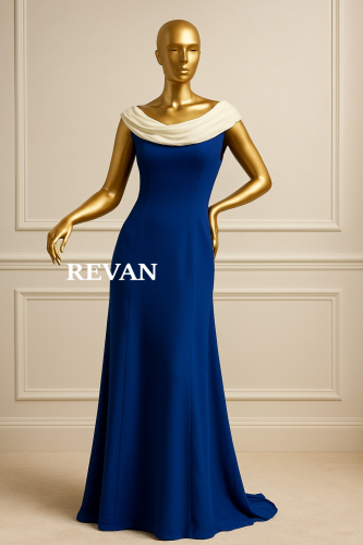 فستان سهرة ازرق من ريڤــان بأناقة الكتف المكشوف