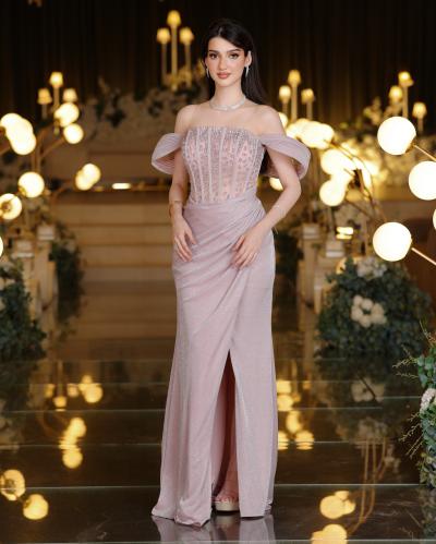 Rivan off-the-shoulder crystal-embellished evening dress