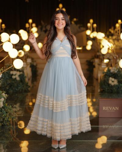 Rivan layered tulle midi evening dress