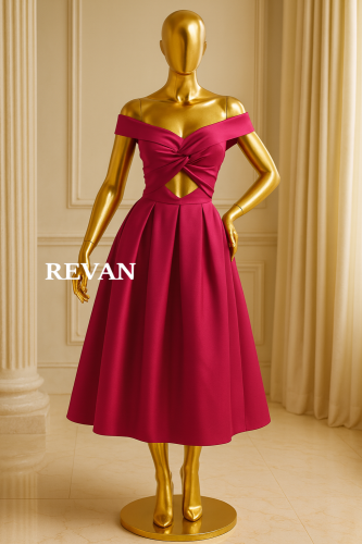 فستان ميدي فاخر من ريڤــان بقصة أوف شولدر مع ربطة...