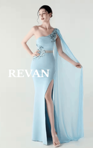 فستان سهرة بحري بكتف واحد وتطريز زهري من ريفان