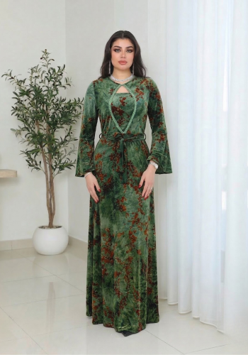 فستان طويل مشجر مع حزام أنيق إطلالة أنثوية فاخرة م...