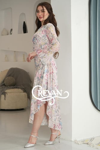 فستان ميدي شيفون نسائي بنقوشات زهرية