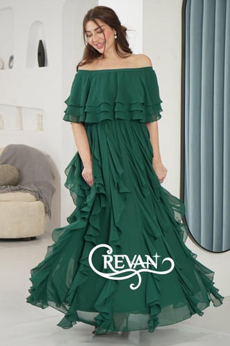 فستان ناعم شيفون ستايل اوشولدر مزين بكرانيش