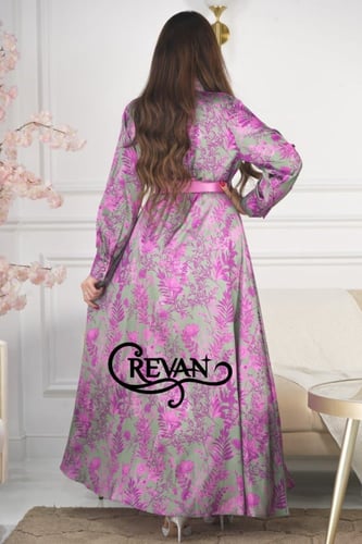 فستان طويل ستان لف ورد الربيع مزين بحزام ورد